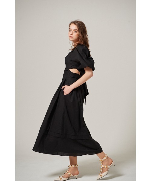 Estella.K（エステラケー）の「Sweetheart Linen Long Dress スカラップカットアウトドレス（ワンピース・レディース・ブラック/イエロー・FREE）」の4枚目の写真