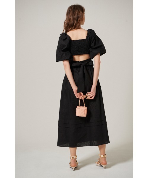 Estella.K（エステラケー）の「Sweetheart Linen Long Dress スカラップカットアウトドレス（ワンピース・レディース・ブラック/イエロー・FREE）」の5枚目の写真