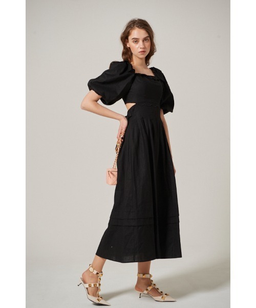Estella.K（エステラケー）の「Sweetheart Linen Long Dress スカラップカットアウトドレス（ワンピース・レディース・ブラック/イエロー・FREE）」の8枚目の写真