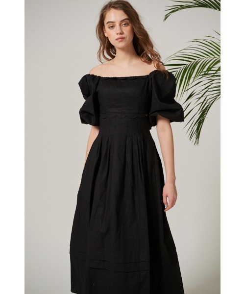 Estella.K（エステラケー）の「Sweetheart Linen Long Dress スカラップカットアウトドレス（ワンピース・レディース・ブラック/イエロー・FREE）」の9枚目の写真