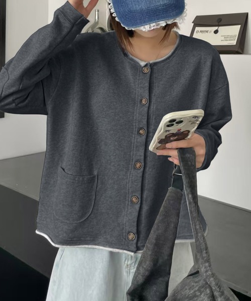 aimoha（アイモハ）の「クルーネックボタンカーディガン（ノーカラージャケット・レディース・グレー/ワインレッド/ネイビー/ライトグレー/チョコ/ベージュ/ブラック/ダークグレー・FREE）」の5枚目の写真