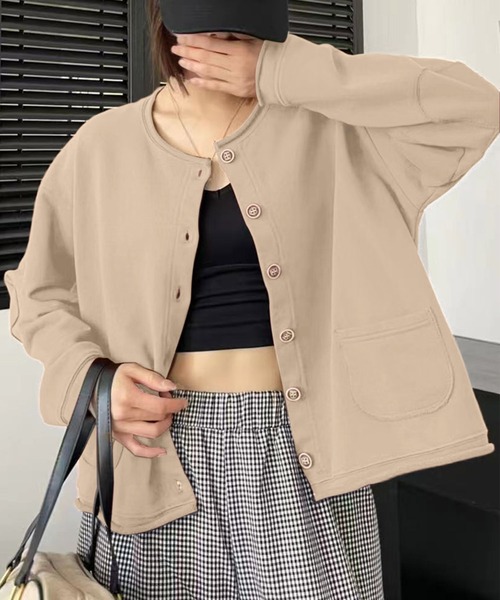 aimoha（アイモハ）の「クルーネックボタンカーディガン（ノーカラージャケット・レディース・グレー/ワインレッド/ネイビー/ライトグレー/チョコ/ベージュ/ブラック/ダークグレー・FREE）」の14枚目の写真