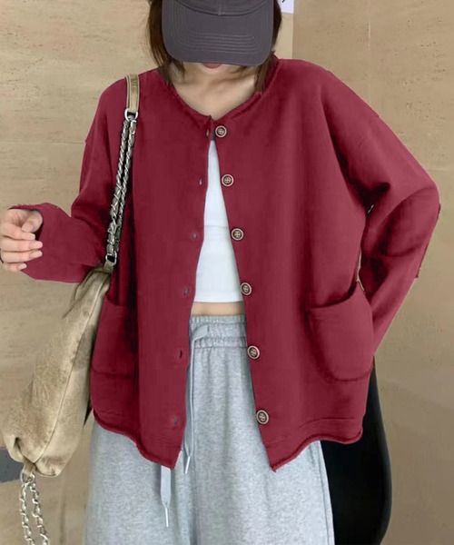 aimoha（アイモハ）の「クルーネックボタンカーディガン（ノーカラージャケット・レディース・グレー/ワインレッド/ネイビー/ライトグレー/チョコ/ベージュ/ブラック/ダークグレー・FREE）」の20枚目の写真