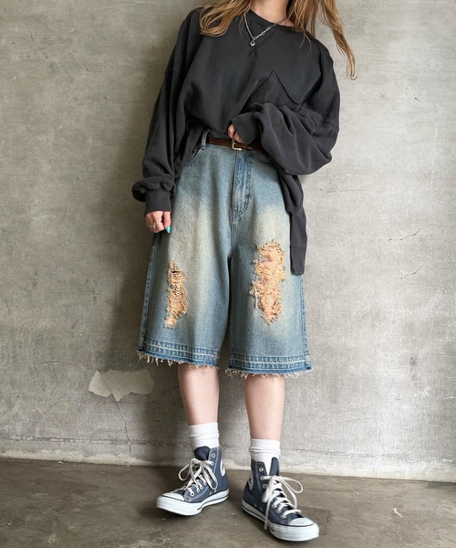 DOUBLE NAME（ダブルネーム）の「ダメージデニムオーバーダイハーフパンツ（デニムパンツ・レディース・ブラック/ネイビー・FREE）」の7枚目の写真