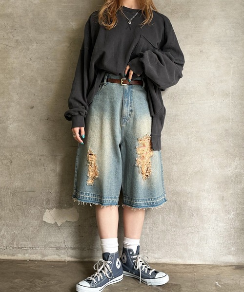 セール】ダメージデニムオーバーダイハーフパンツ（デニムパンツ