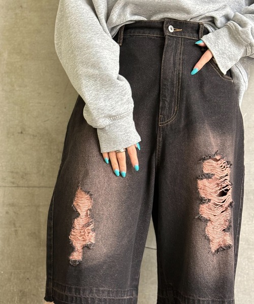 DOUBLE NAME（ダブルネーム）の「ダメージデニムオーバーダイハーフパンツ（デニムパンツ・レディース・ブラック/ネイビー・FREE）」の15枚目の写真