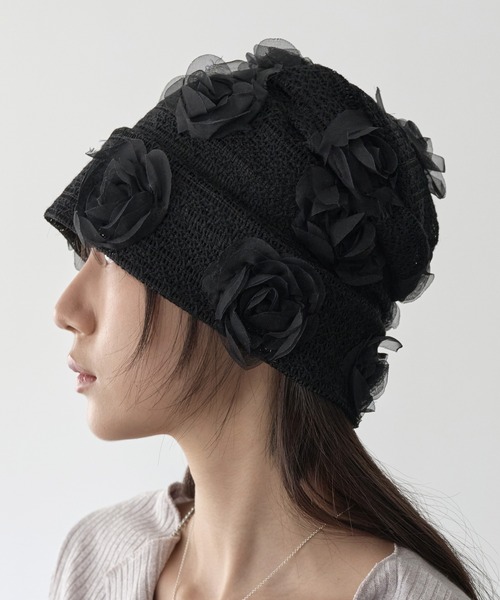 UNE MANSION（ユヌマンション）の「シースルーフラワービーニー（キャップ・レディース・ブラック/ホワイト・ONE SIZE）」の8枚目の写真