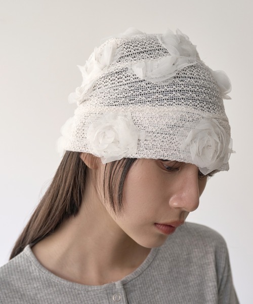UNE MANSION（ユヌマンション）の「シースルーフラワービーニー（キャップ・レディース・ブラック/ホワイト・ONE SIZE）」の6枚目の写真