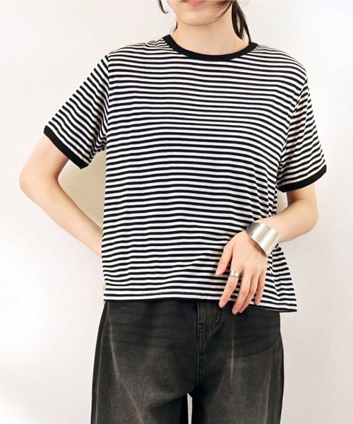 STYLEBLOCK(スタイルブロック)の「シアーボーダークルーネックTシャツ(Tシャツ/カットソー・レディース・ネイビー/ライトブルー/ブラック/ベージュ/ミント・M)」の2枚目の写真