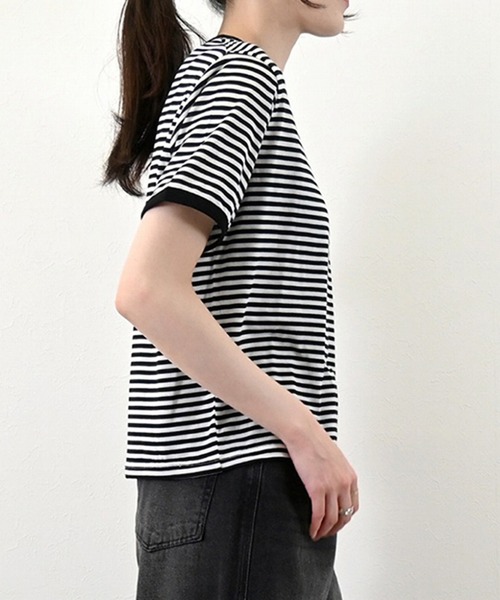 STYLEBLOCK(スタイルブロック)の「シアーボーダークルーネックTシャツ(Tシャツ/カットソー・レディース・ネイビー/ライトブルー/ブラック/ベージュ/ミント・M)」の10枚目の写真