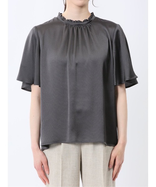 m.f.editorial（エムエフエディトリアル）の「【接触冷感 UVカット イージーケア】m.f.エディトリアルレディース ギャザーネック半袖プルオーバーブラウス（シャツ/ブラウス・レディース・アイボリー/グレー系その他2/ベージュ・MEDIUM/LARGE）」の6枚目の写真