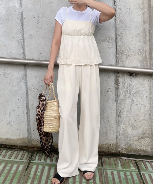 セール】リネン混フリルビスチェ+ワイドパンツセット[高身長サイズMT