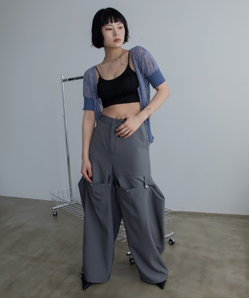 セール】ネップ透かし編みZIP半袖カーディガン（カーディガン/ボレロ