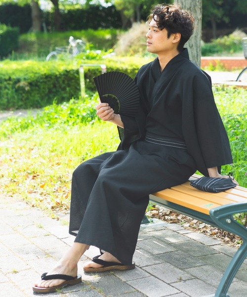 茶々丸　様　しじら織　浴衣　ブラック(帯セット) セール】浴衣 5点セット しじら織り 帯 扇子 下駄 巾着（浴衣