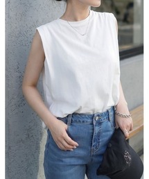 [二の腕華奢見え]綿天竺ショルダータックノースリーブTシャツ