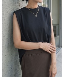 [二の腕華奢見え]綿天竺ショルダータックノースリーブTシャツ