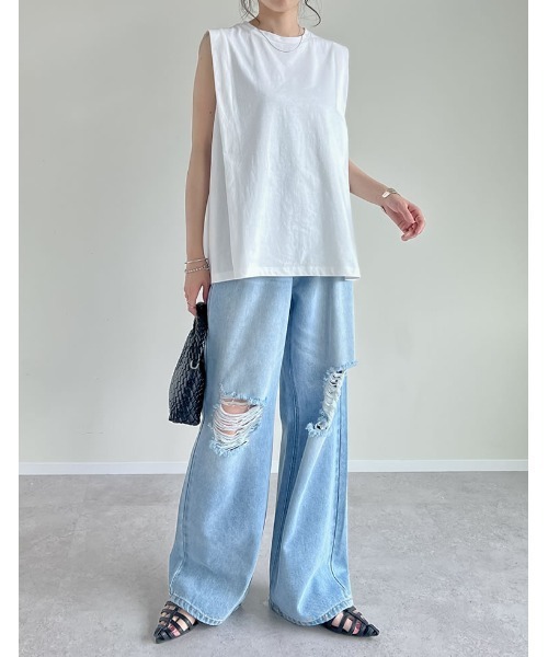 Re:EDIT(リエディ)の「二の腕すっきり見え 綿100% ショルダータックノースリーブTシャツ(Tシャツ/カットソー・レディース・ブラック/オフホワイト/チャコールグレー・MEDIUM/LARGE)」の20枚目の写真