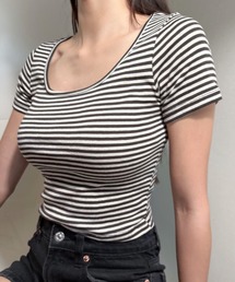 UネックボーダークロップTシャツ/Uneck boderT