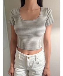 UネックボーダークロップTシャツ/Uneck boderT