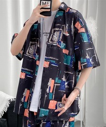 【BENDER TOKYO】レトロ アートパターン 総柄プリント ドレープ レギュラーカラーシャツ 半袖