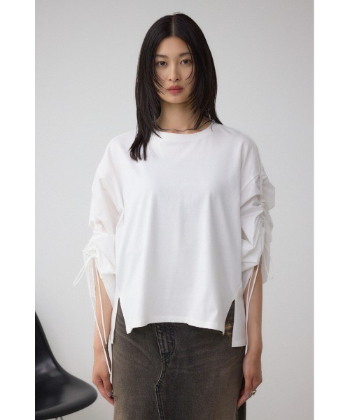 AZUL by moussy(アズールバイマウジー)の「ギャザースリーブカットトップス(Tシャツ/カットソー・レディース・ブラック/オフホワイト/杢グレー/バーガンディー・FREE)」の8枚目の写真
