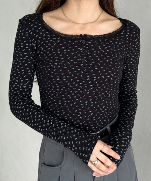 MYMOOD.(マイムード)の「カップ付き花柄ヘンリーネック ロングスリーブカットソー(Tシャツ/カットソー・レディース・ホワイト/アイボリー/ブラック・FREE)」の17枚目の写真
