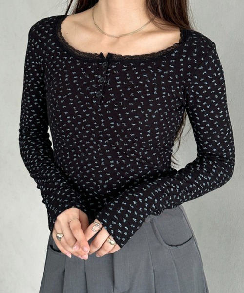MYMOOD.(マイムード)の「カップ付き花柄ヘンリーネック ロングスリーブカットソー(Tシャツ/カットソー・レディース・ホワイト/アイボリー/ブラック・FREE)」の19枚目の写真