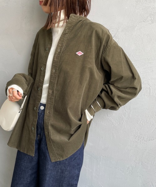 【DANTON】コーデュロイ　バンドカラーシャツ　長袖　緑　40サイズ DANTON】コーデュロイ バンドカラーシャツ 長袖 緑 40サイズ