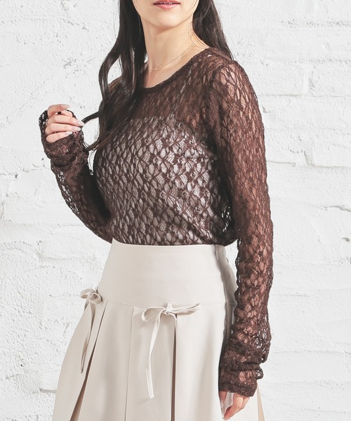 Honeys(ハニーズ)の「総レーストップス(Tシャツ/カットソー・レディース・ブラック/アイボリー/ホワイト/ブラウン・L/S/M)」の4枚目の写真