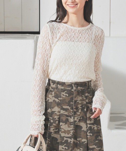 Honeys(ハニーズ)の「総レーストップス(Tシャツ/カットソー・レディース・ブラック/アイボリー/ホワイト/ブラウン・L/S/M)」の2枚目の写真