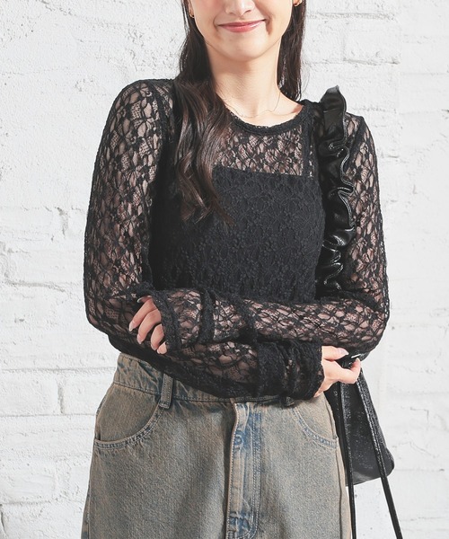 Honeys(ハニーズ)の「総レーストップス(Tシャツ/カットソー・レディース・ブラック/アイボリー/ホワイト/ブラウン・L/S/M)」の3枚目の写真