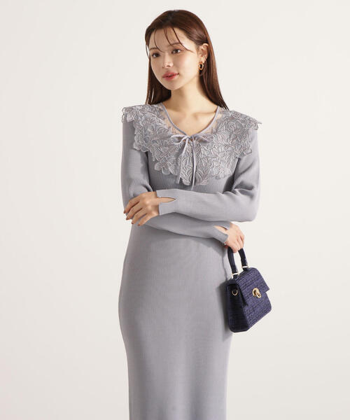 PROPORTION BODY DRESSING（プロポーションボディドレッシング）の「ケープ風レース付きニットワンピース / 1215240905（ワンピース・レディース・ダークグレー/ベージュ/ブルー・SMALL/MEDIUM）」の9枚目の写真