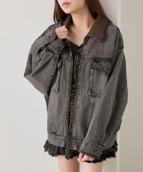 OLIVE des OLIVE（オリーブデオリーブ）の「配色衿デニムブルゾン（デニムジャケット・レディース・ブルー/ブラック・FREE）」の7枚目の写真