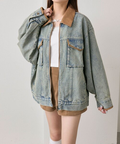 OLIVE des OLIVE（オリーブデオリーブ）の「配色衿デニムブルゾン（デニムジャケット・レディース・ブルー/ブラック・FREE）」の19枚目の写真