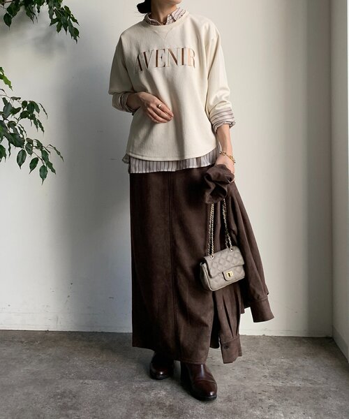 DouDou（ドゥドゥ）の「スウェードダンボールIラインスカート（スカート・レディース・カーキ/ブラウン・FREE）」の6枚目の写真