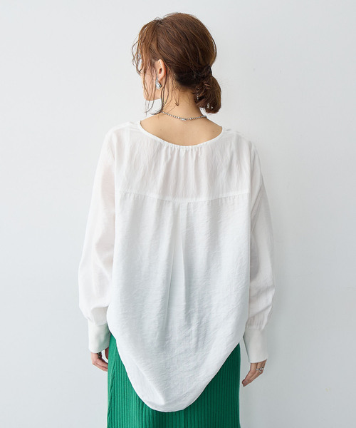 anyfee（エニフィー）の「【anyfee/大きいサイズ】裾ラウンド袖リブルーズフィットTブラウス（Tシャツ/カットソー・レディース・オフホワイト/ブラック・LL/3L/4L/5L）」の7枚目の写真