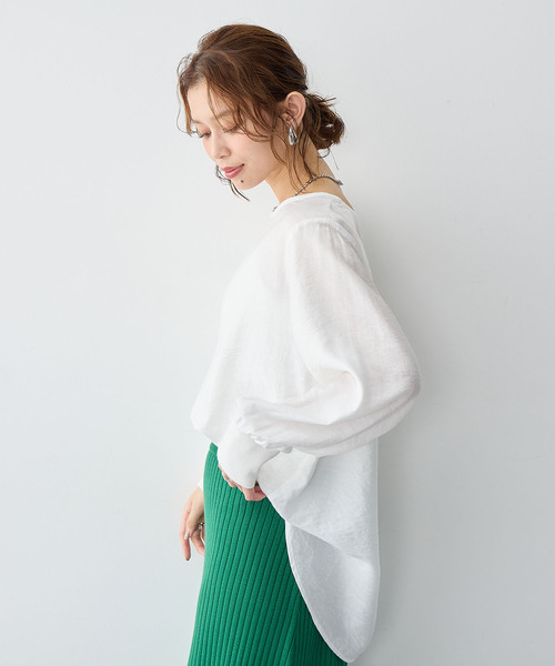 anyfee（エニフィー）の「【anyfee/大きいサイズ】裾ラウンド袖リブルーズフィットTブラウス（Tシャツ/カットソー・レディース・オフホワイト/ブラック・LL/3L/4L/5L）」の9枚目の写真