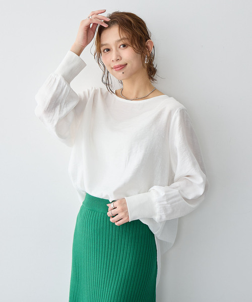 anyfee（エニフィー）の「【anyfee/大きいサイズ】裾ラウンド袖リブルーズフィットTブラウス（Tシャツ/カットソー・レディース・オフホワイト/ブラック・LL/3L/4L/5L）」の11枚目の写真