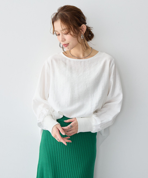 anyfee（エニフィー）の「【anyfee/大きいサイズ】裾ラウンド袖リブルーズフィットTブラウス（Tシャツ/カットソー・レディース・オフホワイト/ブラック・LL/3L/4L/5L）」の12枚目の写真