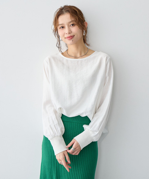 anyfee（エニフィー）の「【anyfee/大きいサイズ】裾ラウンド袖リブルーズフィットTブラウス（Tシャツ/カットソー・レディース・オフホワイト/ブラック・LL/3L/4L/5L）」の13枚目の写真