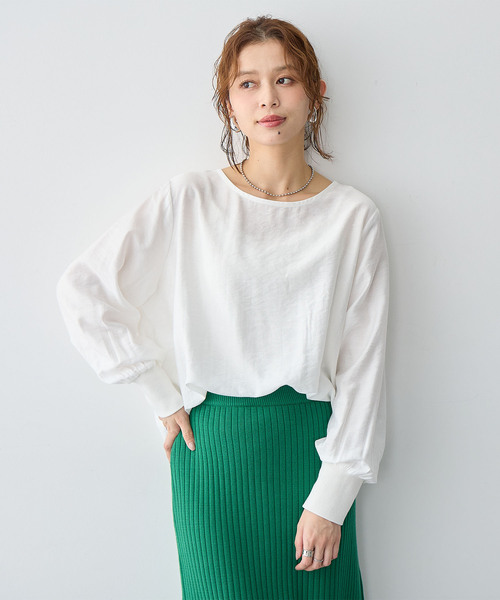 anyfee（エニフィー）の「【anyfee/大きいサイズ】裾ラウンド袖リブルーズフィットTブラウス（Tシャツ/カットソー・レディース・オフホワイト/ブラック・LL/3L/4L/5L）」の15枚目の写真