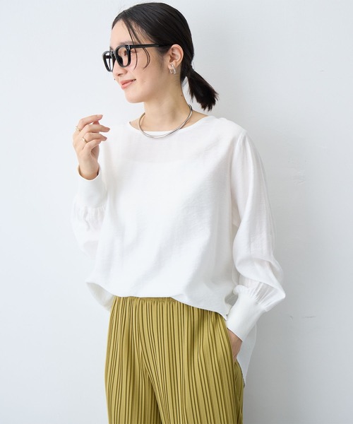 anyfee（エニフィー）の「【anyfee/大きいサイズ】裾ラウンド袖リブルーズフィットTブラウス（Tシャツ/カットソー・レディース・オフホワイト/ブラック・LL/3L/4L/5L）」の2枚目の写真