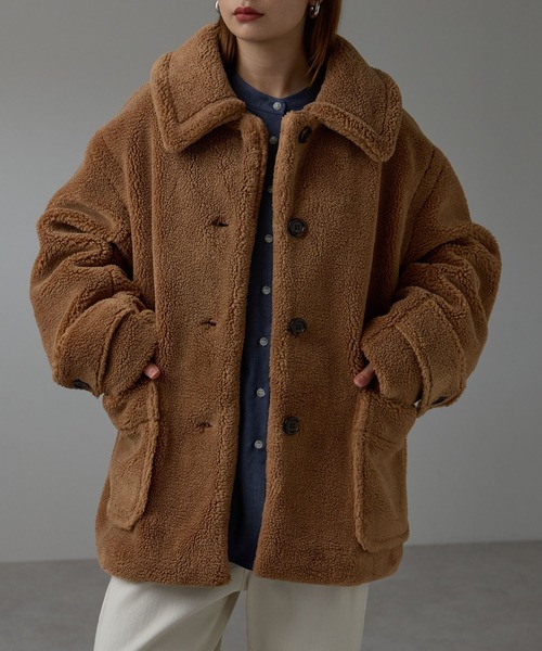 r.（アールドット）の「テディボア　ステンカラーミドルコート（ステンカラーコート・レディース・キャメル/モカ/チャコールグレー/ライトベージュ・FREE）」の4枚目の写真