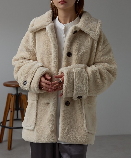 r.（アールドット）の「テディボア　ステンカラーミドルコート（ステンカラーコート・レディース・キャメル/モカ/チャコールグレー/ライトベージュ・FREE）」の3枚目の写真