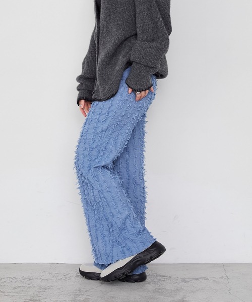 セール】【forksy.】ストライプフリンジシャーリングフレアパンツ