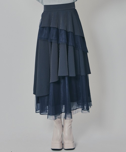 REDYAZEL（レディアゼル）の「シアーMIXティアードスカート（スカート・レディース・アイボリー/グレー系その他/ブルー系その他/ブラック/ブラック系その他・FREE）」の5枚目の写真