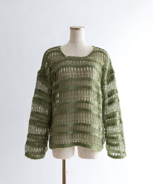 EN NEUME(エンノイム)の「Sheer Boarder Loose Knit(ニット/セーター・レディース・杢グレー/アイボリー/イエロー×グリーン・FREE)」の3枚目の写真