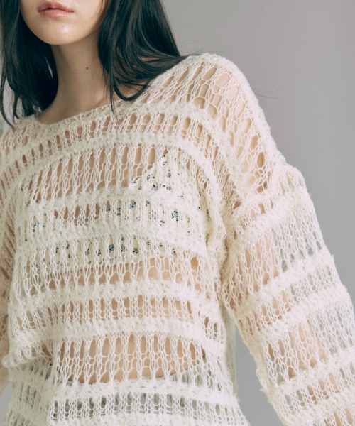 EN NEUME(エンノイム)の「Sheer Boarder Loose Knit(ニット/セーター・レディース・杢グレー/アイボリー/イエロー×グリーン・FREE)」の7枚目の写真
