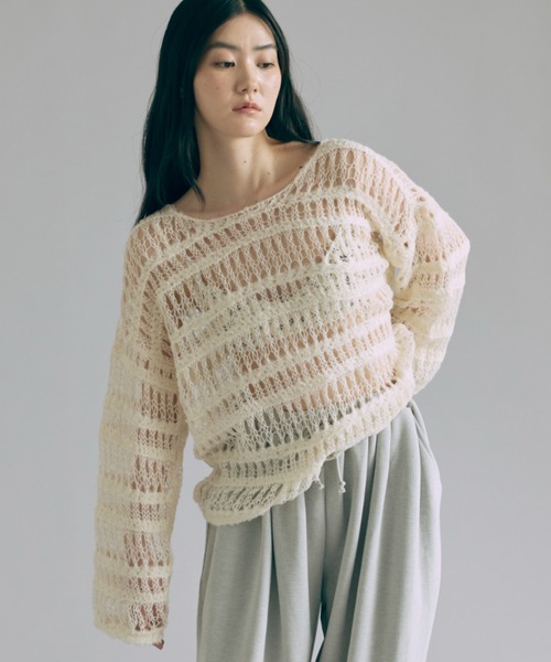 EN NEUME(エンノイム)の「Sheer Boarder Loose Knit(ニット/セーター・レディース・杢グレー/アイボリー/イエロー×グリーン・FREE)」の8枚目の写真