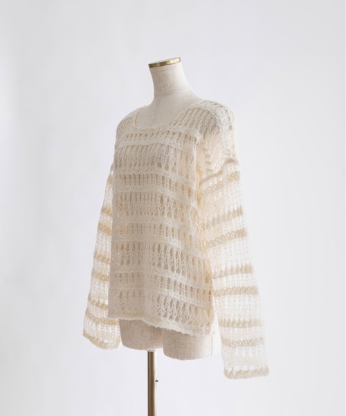 EN NEUME(エンノイム)の「Sheer Boarder Loose Knit(ニット/セーター・レディース・杢グレー/アイボリー/イエロー×グリーン・FREE)」の11枚目の写真